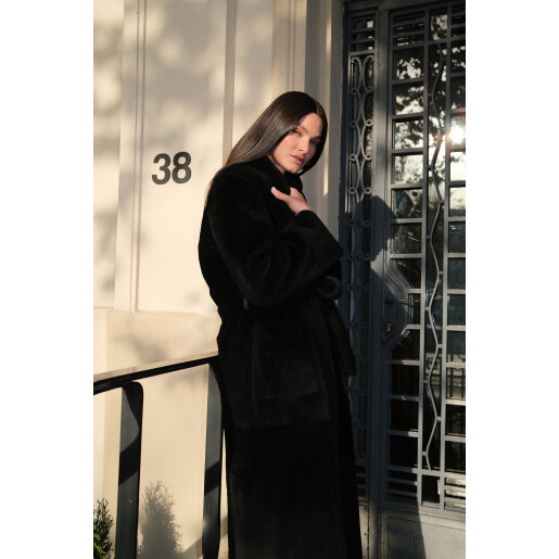 Palton shearling merino cu cordon, reversibil, negru, 120cm