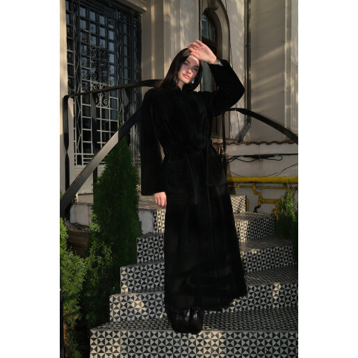 Palton shearling merino cu cordon, reversibil, negru, 120cm