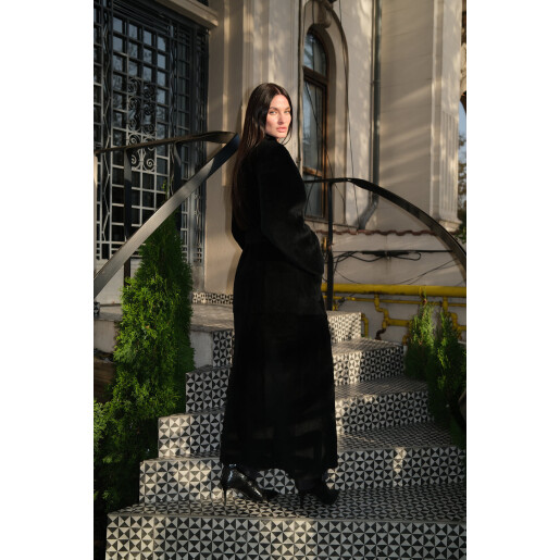 Palton shearling merino cu cordon, reversibil, negru, 120cm