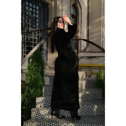 Palton shearling merino cu cordon, reversibil, negru, 120cm