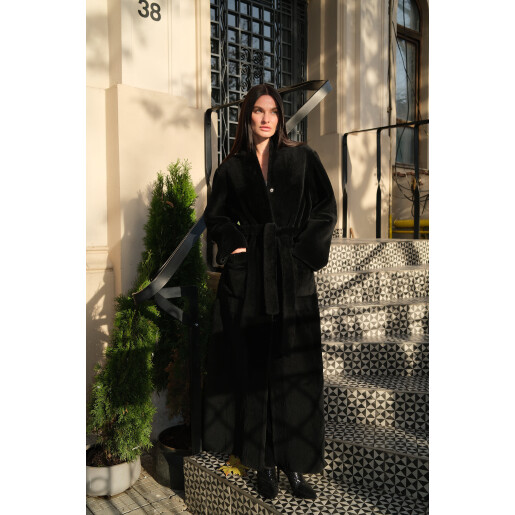 Palton shearling merino cu cordon, reversibil, negru, 120cm