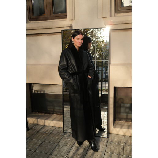Palton shearling merino cu cordon, reversibil, negru, 120cm