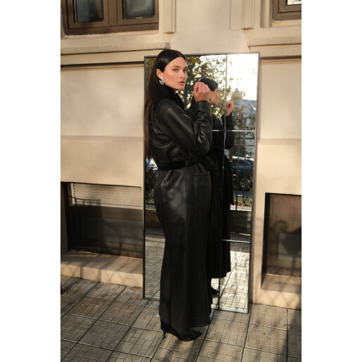 Palton shearling merino cu cordon, reversibil, negru, 120cm