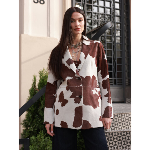 Sacou print cow din ponei, buzunare aplicate, 65cm