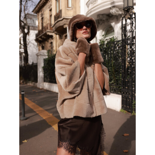 Jacheta reversibila shearling merino spaniol, bej, 50cm