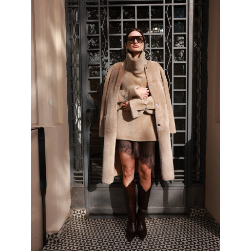 Palton shearling cu cordon, reversibil, bej, 100cm