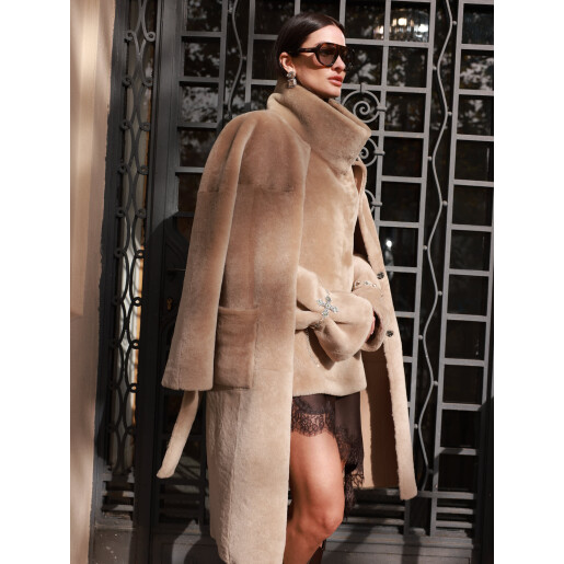 Palton shearling cu cordon, reversibil, bej, 100cm