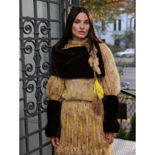 Set 2 mansete si guler larg, blana naturala vizon, maro