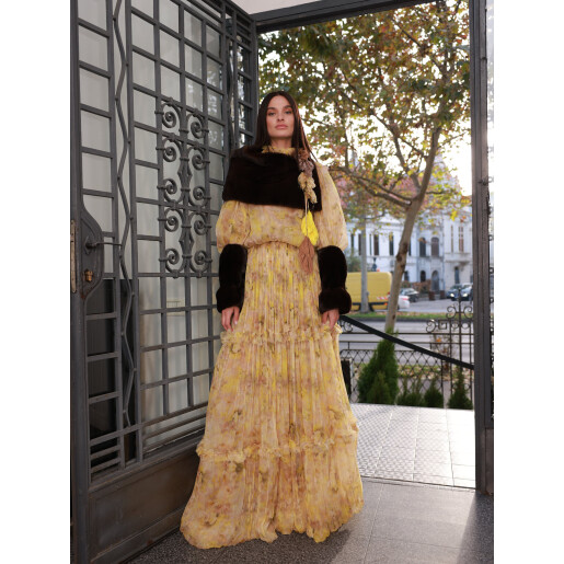 Set 2 mansete si guler larg, blana naturala vizon, maro