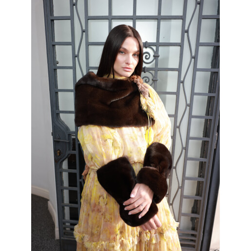 Set 2 mansete si guler larg, blana naturala vizon, maro