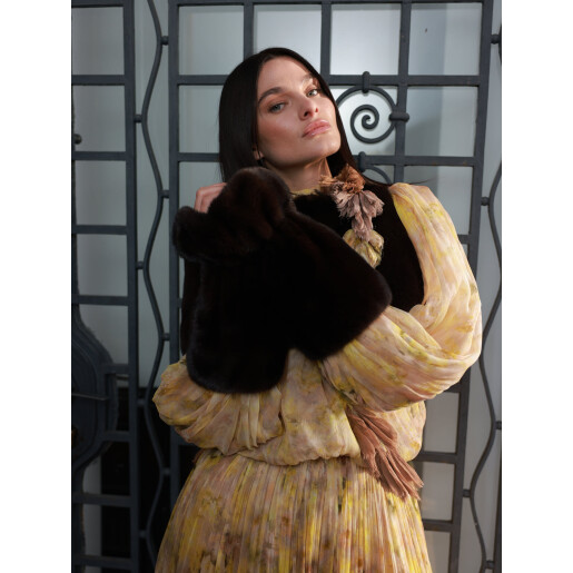 Set 2 mansete si guler larg, blana naturala vizon, maro