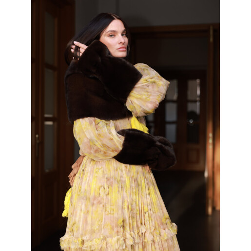 Set 2 mansete si guler larg, blana naturala vizon, maro