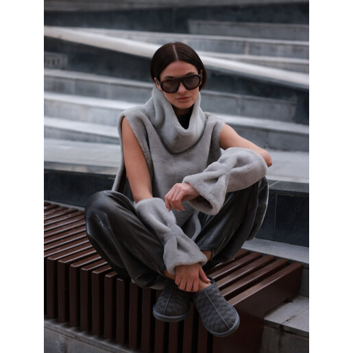 Vesta tunica cu guler inalt, shearling merinos spaniol, gri, 60cm