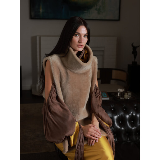 Vesta tip tunica cu guler inalt, shearling merinos spaniol, bej, 60cm