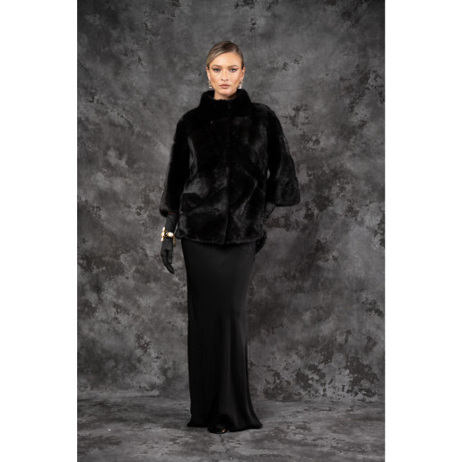 Allure Velvet Noir Haina blana naturala vizon, maneci 3/4, guler amplu, negru, 60cm| PAÏSI Art Fur