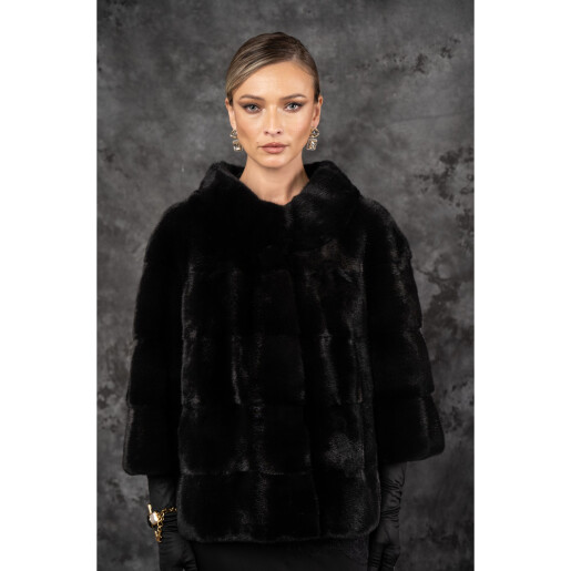 Allure Solenne Haina de vizon (nurcă) neagra premium dispunere orizontala maneci trei sferturi| PAÏSI Art Fur