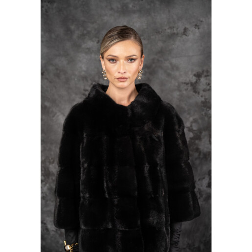 Allure Solenne Haina de vizon (nurcă) neagra premium dispunere orizontala maneci trei sferturi| PAÏSI Art Fur