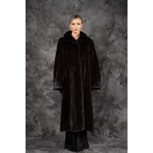 Allure Noir Amber | Haină de Vizon (Nurcă) Premium Brun Închis Tip Mantou guler regal 125cm| PAISI Art Fur  