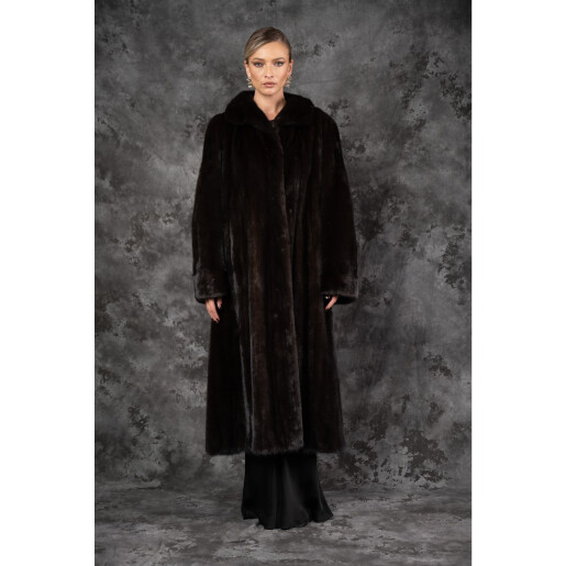 Allure Noir Amber | Haină de Vizon (Nurcă) Premium Brun Închis Tip Mantou guler regal 125cm| PAISI Art Fur  
