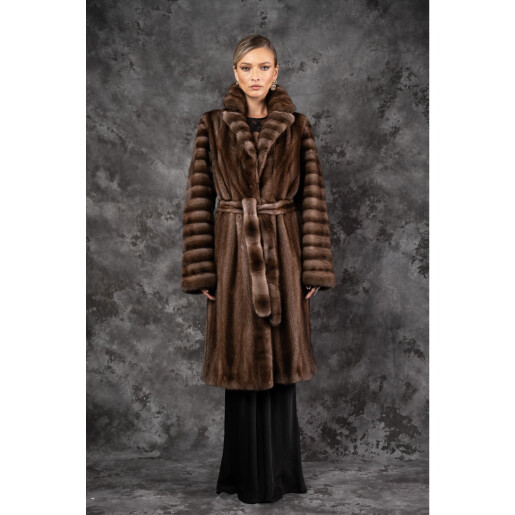 Allure Grace Haină Lungă din Vizon Premium cu Cordon în Talie,  Rever Dublu, Chocolate, 110 cm| PAÏSI Art Fur