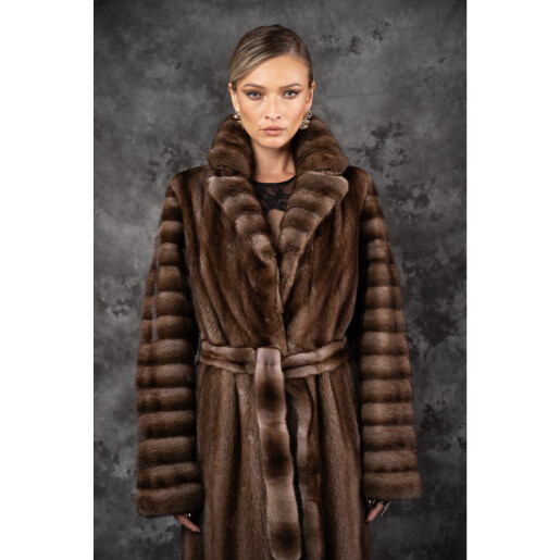 Allure Grace Haină Lungă din Vizon Premium cu Cordon în Talie,  Rever Dublu, Chocolate, 110 cm| PAÏSI Art Fur