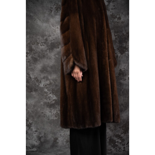 Haină din Blană Naturală de Vizon, Guler Înalt Tip Tunică, Maro Ruginiu, 120 cm| PAÏSI Art Fur