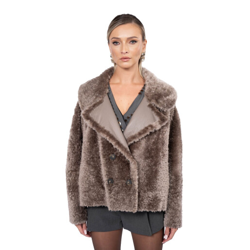 Geaca shearling persan, tip cojoc, guler piele, culoare speciala, 65cm