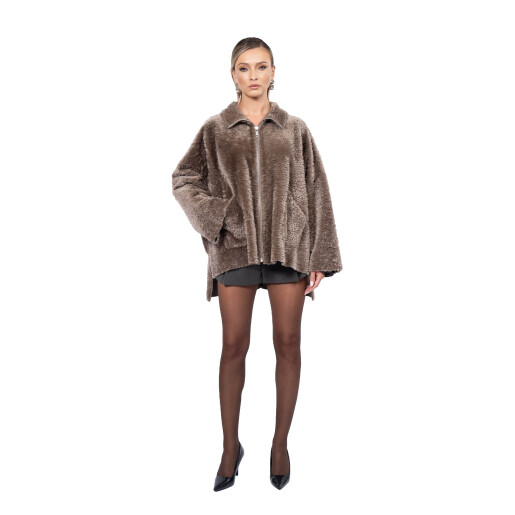 Jacheta shearling persan asimetrica, cu fermoar, culoare speciala, 65cm
