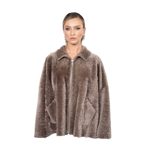 Jacheta shearling persan asimetrica, cu fermoar, culoare speciala, 65cm