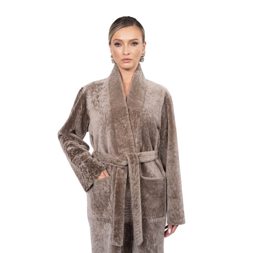 Palton shearling persan, cu cordon si guler tip kimono, 100cm