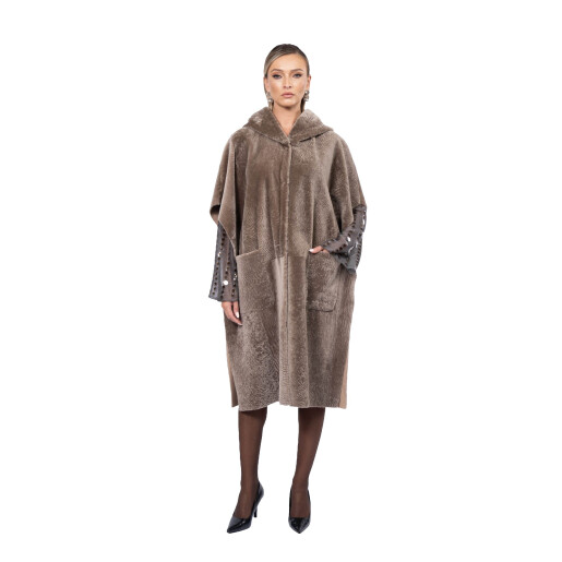 Haina shearling persan, maneci evantai si gluga, culoare speciala, 90cm