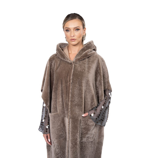 Haina shearling persan, maneci evantai si gluga, culoare speciala, 90cm