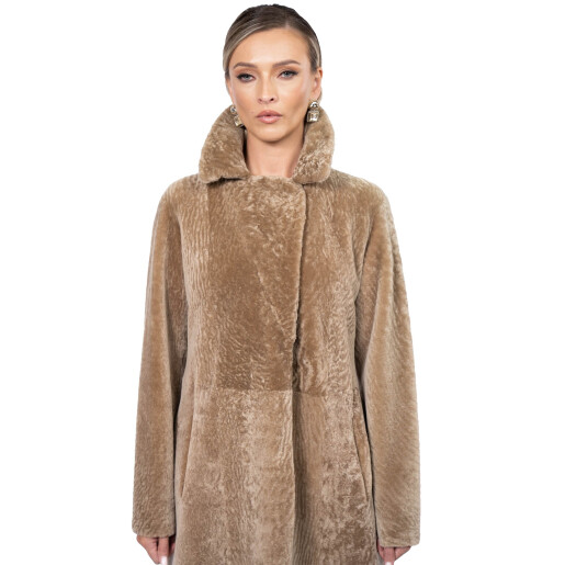 Palton tip cojoc din shearling merinos bej, 100cm