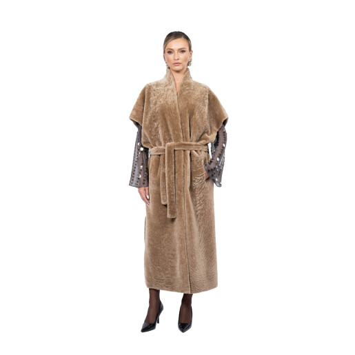 Vesta lunga cu cordon, shearling persan, 110cm