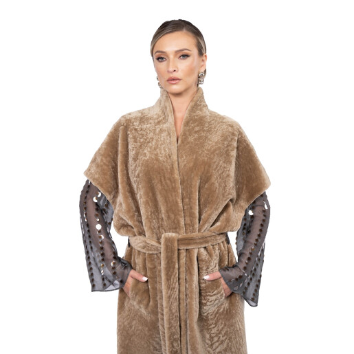 Vesta lunga cu cordon, shearling persan, 110cm
