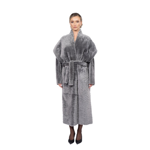 Palton shearling South African, cu cordon, gray, 100cm