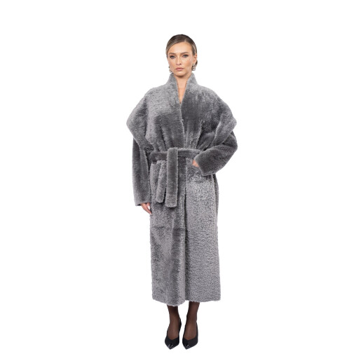 Palton shearling South African, cu cordon, gray, 100cm