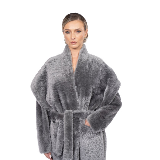 Palton shearling South African, cu cordon, gray, 100cm
