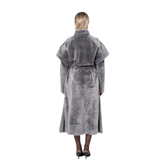 Palton shearling South African, cu cordon, gray, 100cm