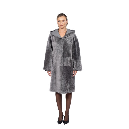 Palton shearling South African, cu gluga, gray, 100cm