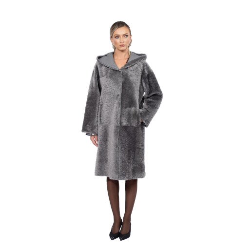 Palton shearling South African, cu gluga, gray, 100cm