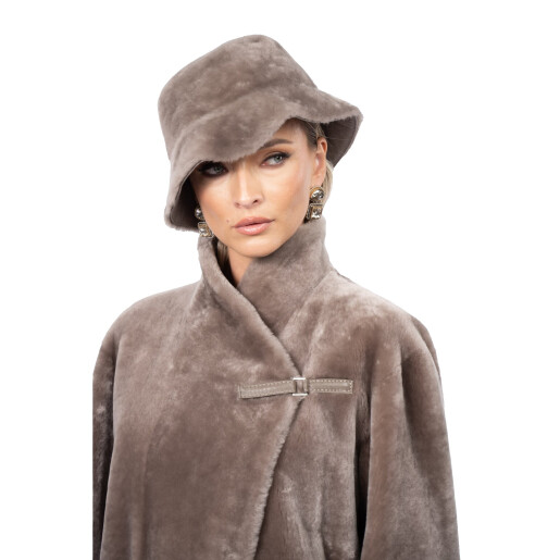 Set Palton + palarie shearling South African velvet, tan taupe, 90cm