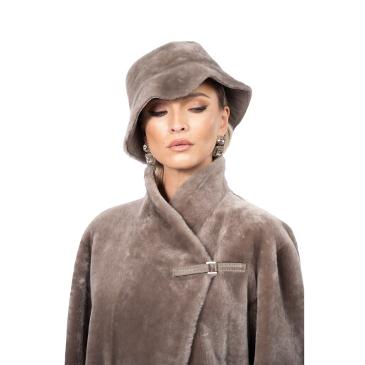 Set Palton + palarie shearling South African velvet, tan taupe, 90cm