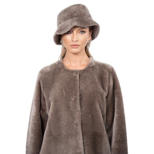 Set Palton + palarie shearling South African velvet, tan taupe, 90cm