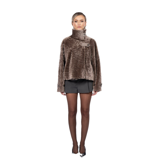 Jacheta scurta South African shearling, tan taupe 3D, 50cm