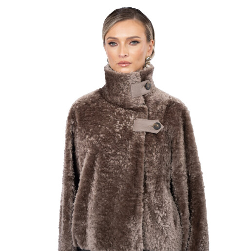 Jacheta scurta South African shearling, tan taupe 3D, 50cm