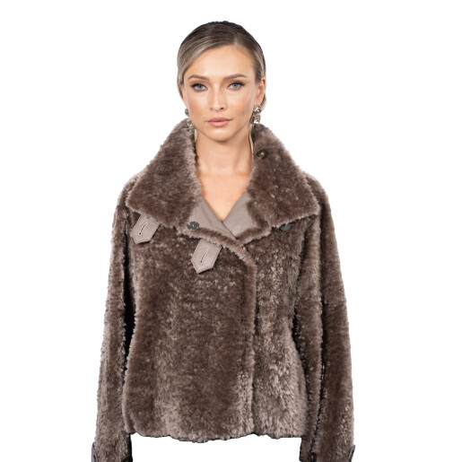 Jacheta scurta South African shearling, tan taupe 3D, 50cm