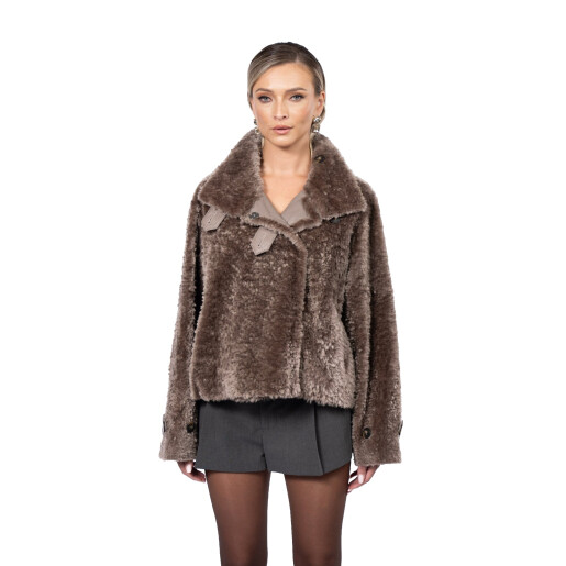Jacheta scurta South African shearling, tan taupe 3D, 50cm