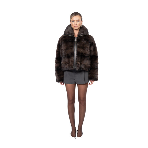 Geaca bomber de zibelina, guler larg, culoare naturala, 50cm