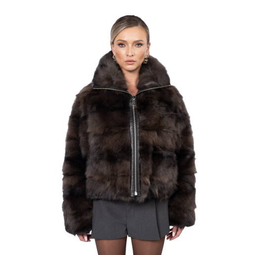 Geaca bomber de zibelina, guler larg, culoare naturala, 50cm